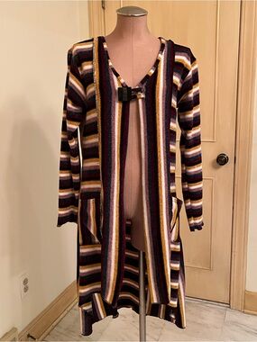 HAND JIVE Artsy/Boho Chenille Multi Stripe Hi-Lo 1 Button 2 Pocket Cardigan SZ S